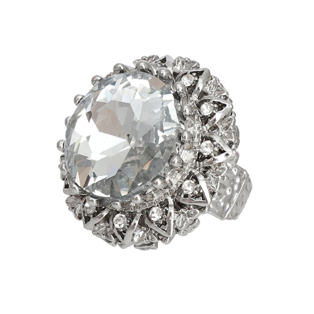 Vintage Silver Cocktail Ring with Clear Crystal – Stylish Statement Jewelry