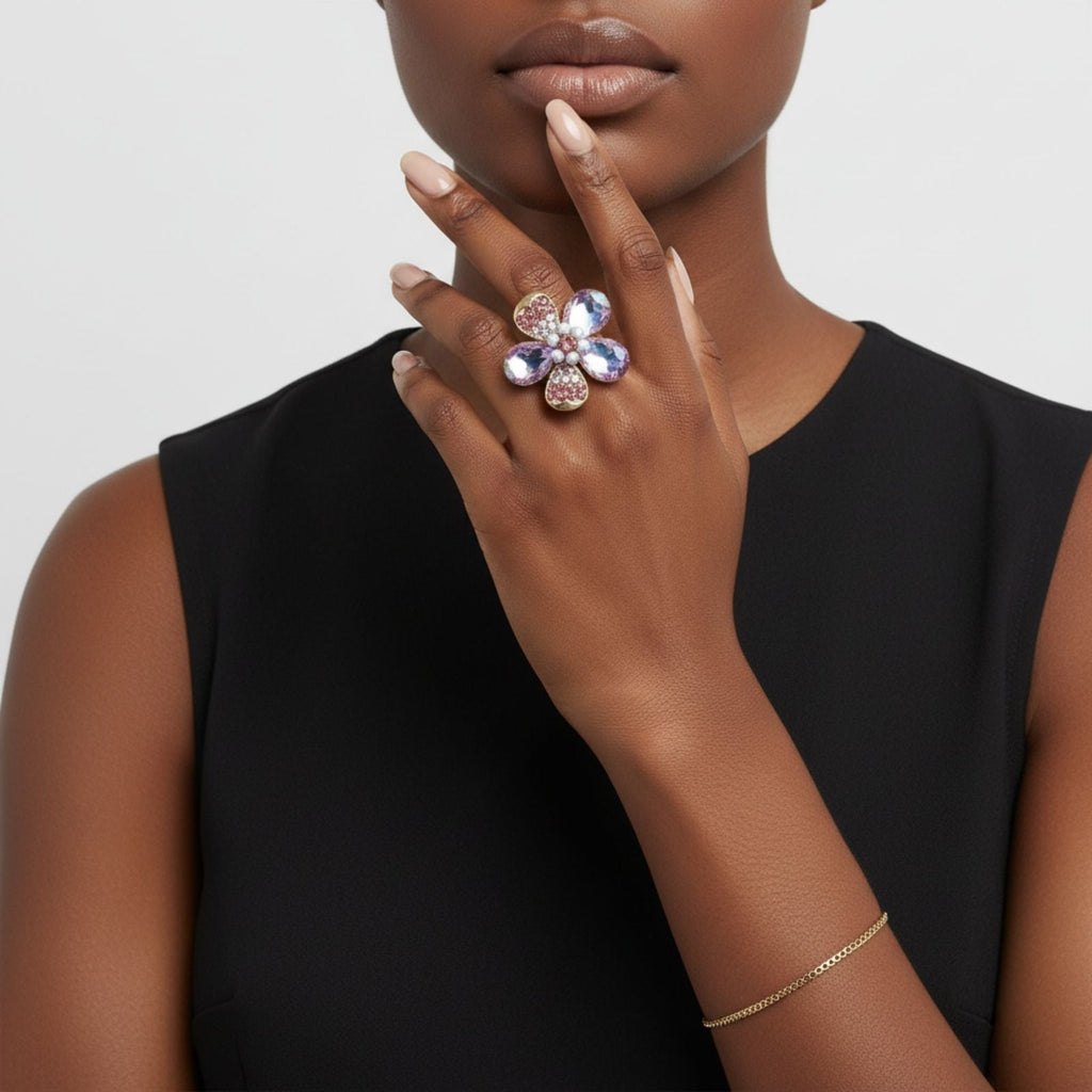 Statement Cocktail Ring with Mixed Purple Teardrop Crystal Flower