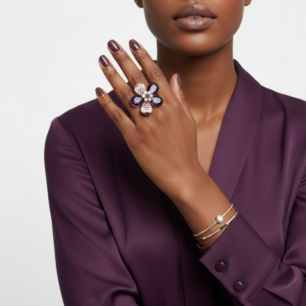 Statement Cocktail Ring Purple Teardrop Crystal Flower Design