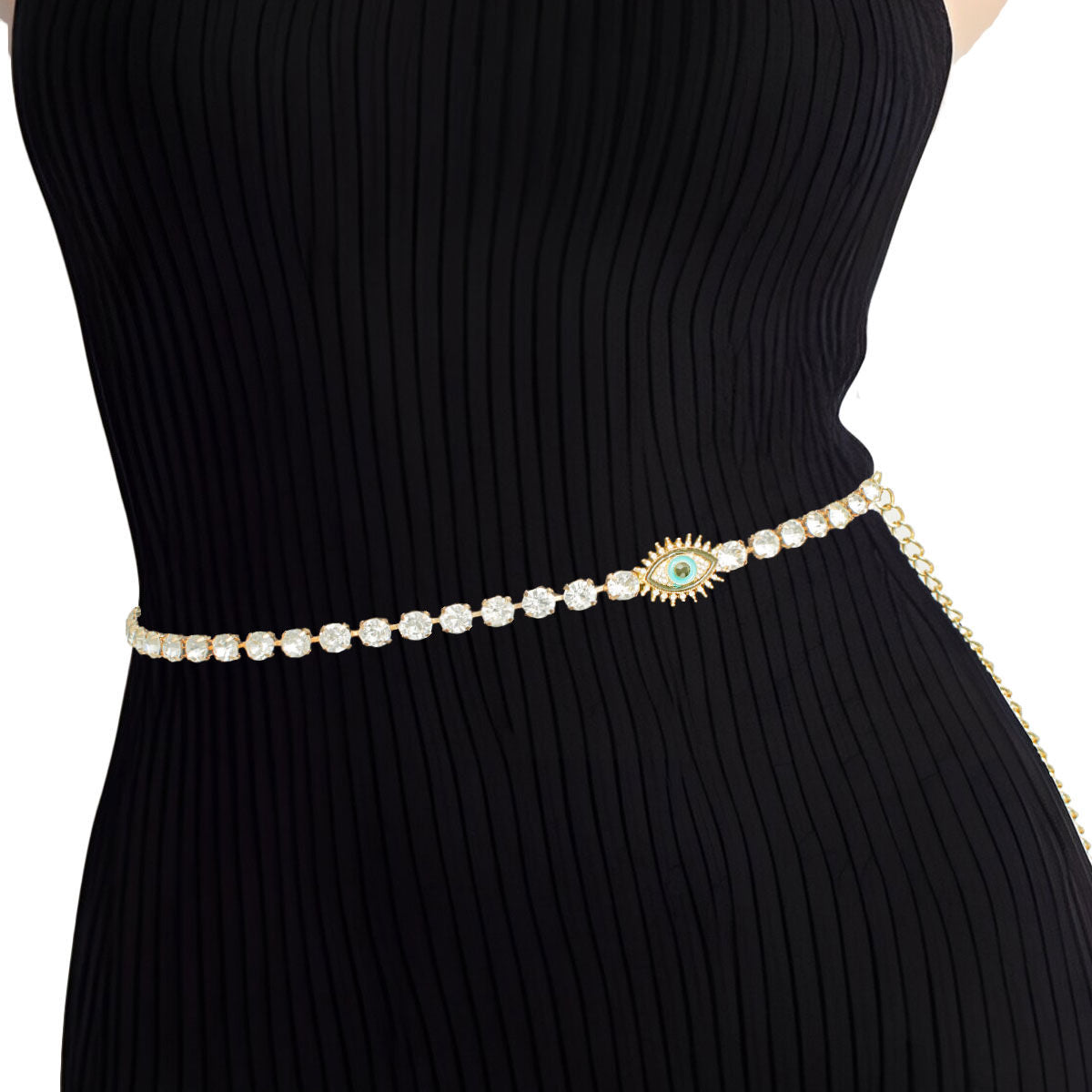 Women’s Rhinestone Gold Evil Eye Chain Belt Stylish Statement Accessory