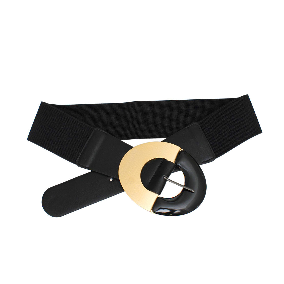 Women’s Wide Black Stretch Belt with Marbled Round Buckle – Stylish Accessory