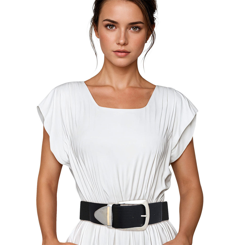 Women’s Wide Black Stretch Belt with Silver Buckle – Stylish Accessory