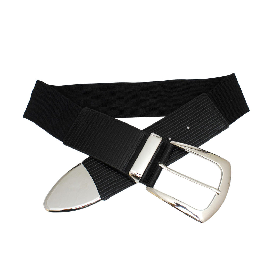 Women’s Wide Black Stretch Belt with Silver Buckle – Stylish Accessory