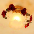 DecorBites™ Korean Garden Ruffle Semi Flush Mount Lamp - Frost White Glass Ceiling Light with Red Rose Deco