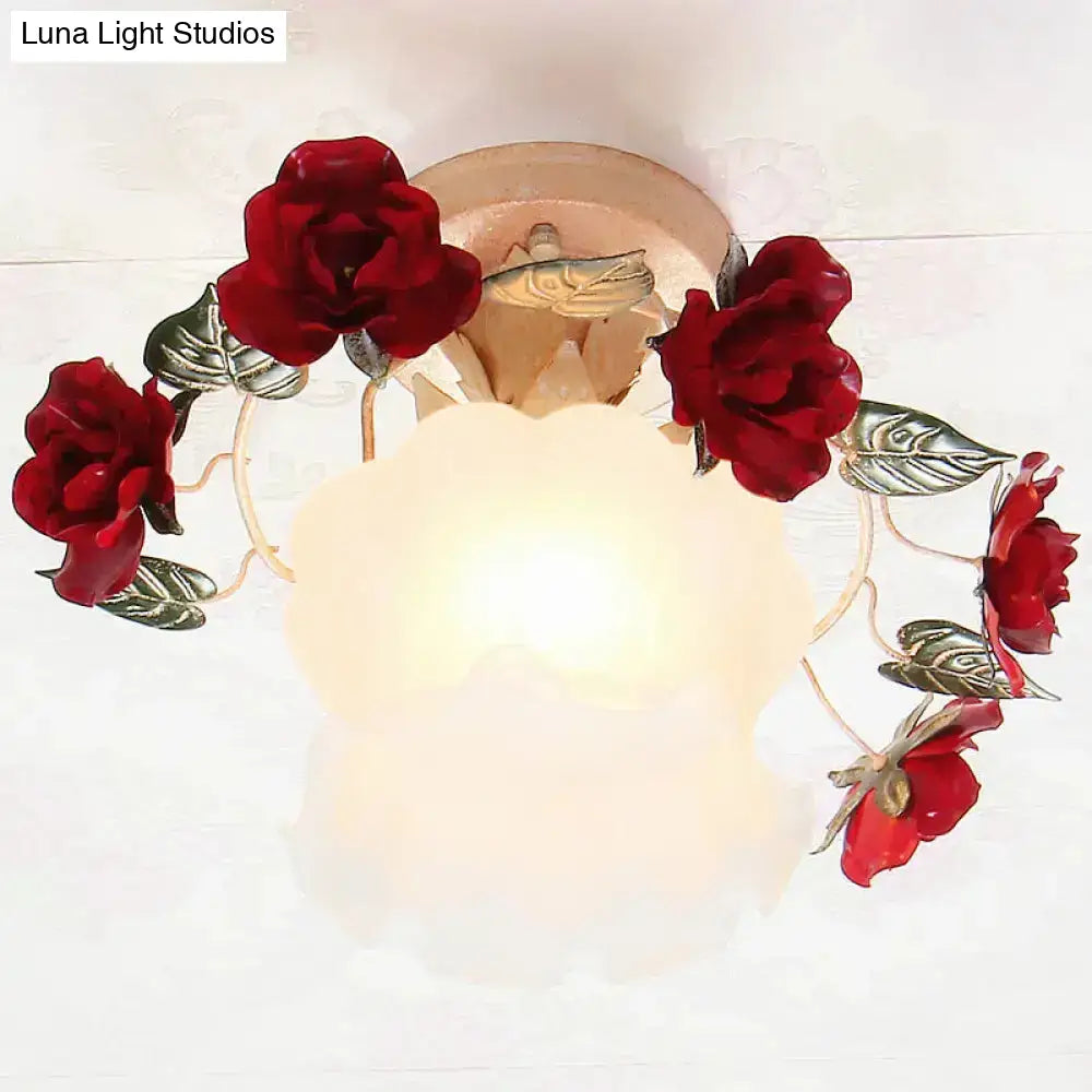 DecorBites™ Korean Garden Ruffle Semi Flush Mount Lamp - Frost White Glass Ceiling Light with Red Rose Deco