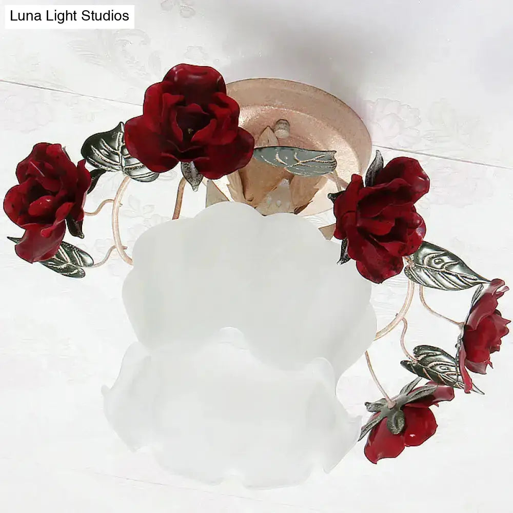 DecorBites™ Korean Garden Ruffle Semi Flush Mount Lamp - Frost White Glass Ceiling Light with Red Rose Deco