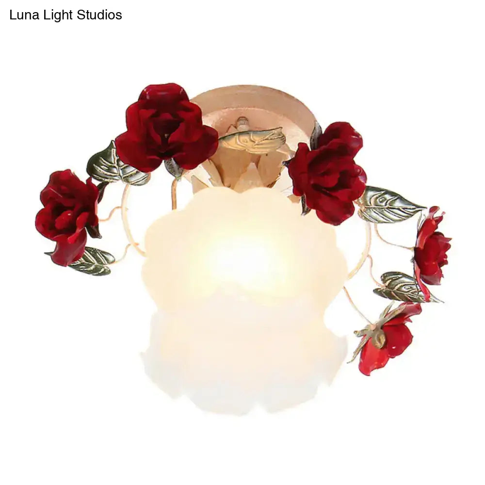 DecorBites™ Korean Garden Ruffle Semi Flush Mount Lamp - Frost White Glass Ceiling Light with Red Rose Deco