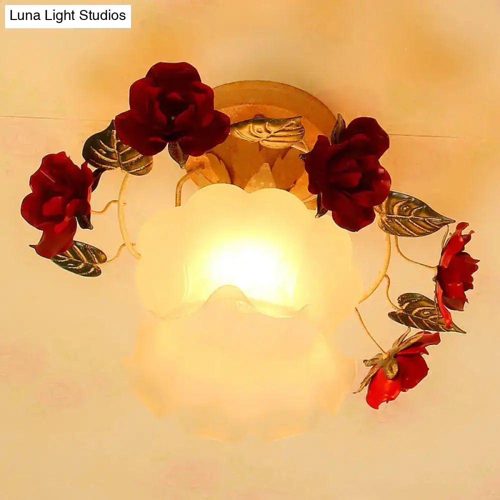 DecorBites™ Korean Garden Ruffle Semi Flush Mount Lamp - Frost White Glass Ceiling Light with Red Rose Deco