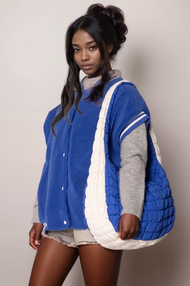 Quilted Large Shoulder Bag Blue Ivory Stylish Fashion Handbag
