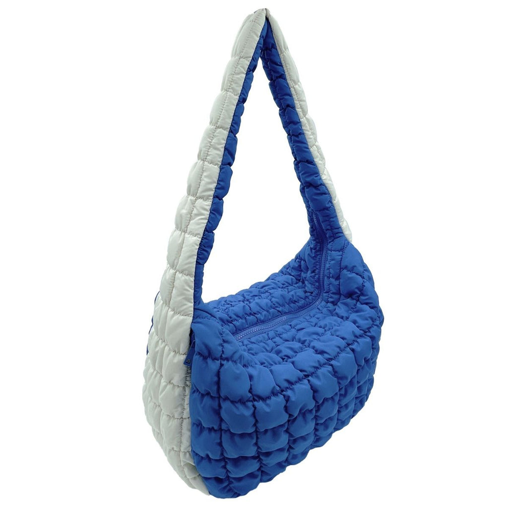 Quilted Large Shoulder Bag Blue Ivory Stylish Fashion Handbag