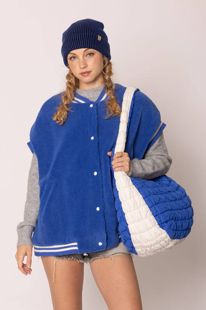 Quilted Large Shoulder Bag Blue Ivory Stylish Fashion Handbag