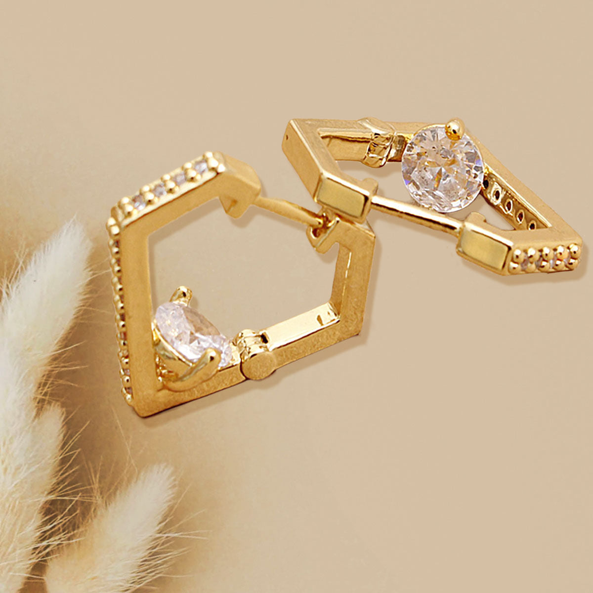 Huggie Hoop Earrings 14K Gold with CZ Diamond – Stylish Elegant Jewelry