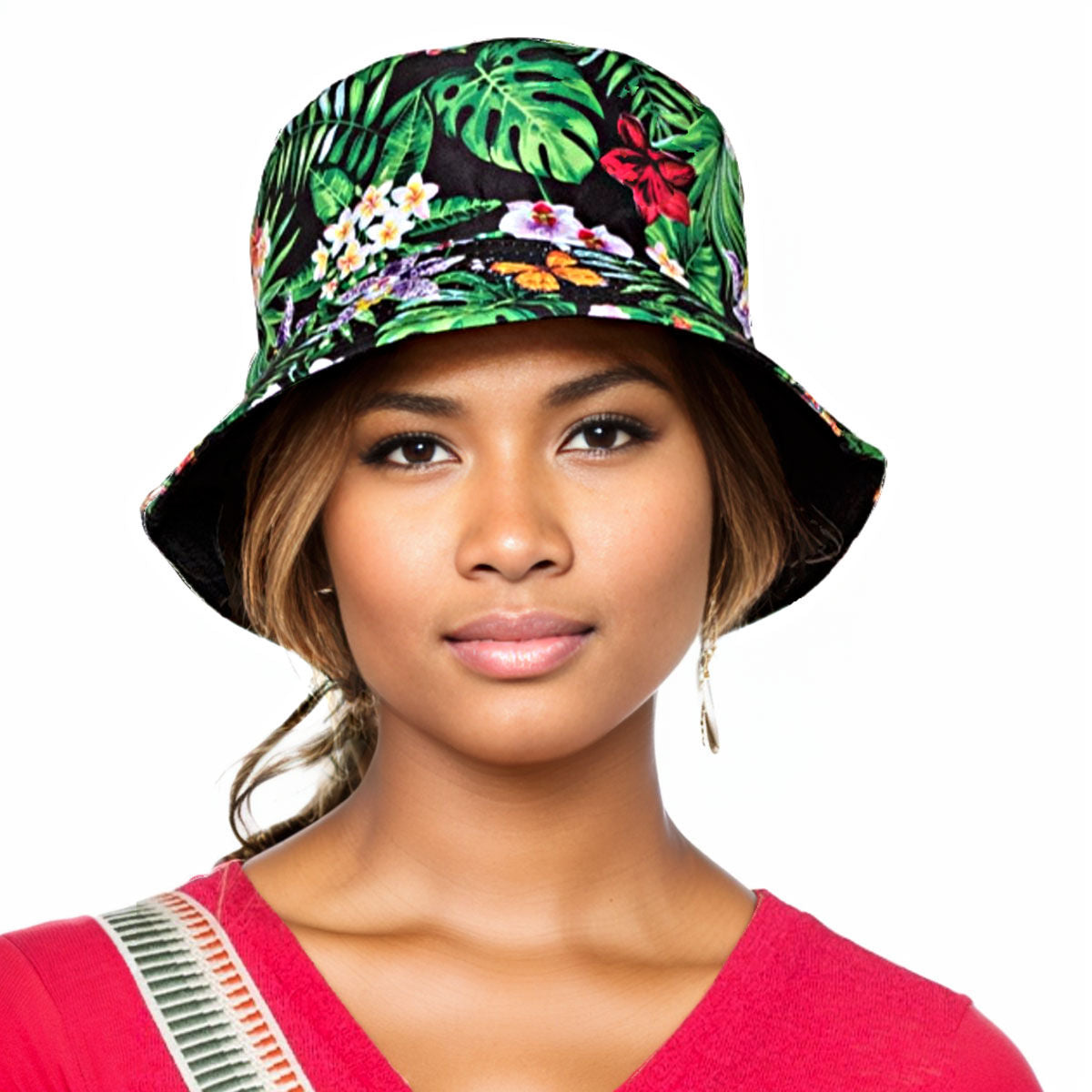 Reversible Bucket Hat Green Black Tropical Trendy Casual Accessory