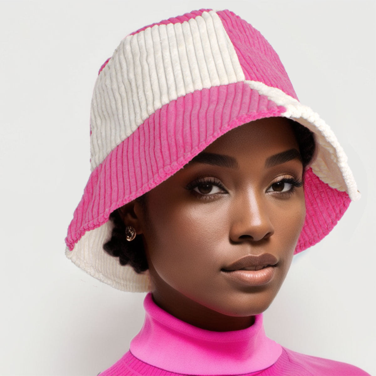 Women’s Corduroy Bucket Hat Pink and Cream Stylish Casual Accessory