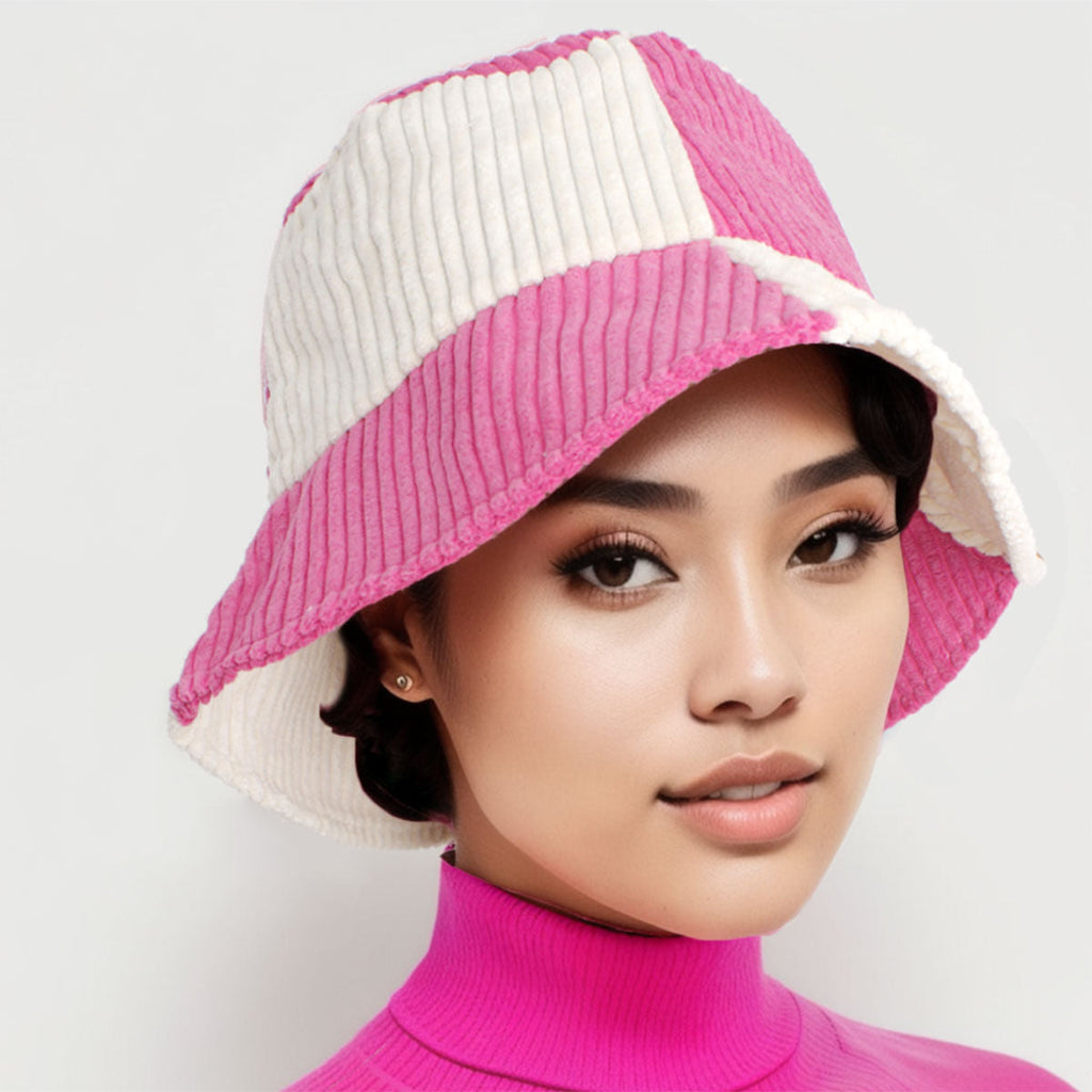 Women’s Corduroy Bucket Hat Pink and Cream Stylish Casual Accessory