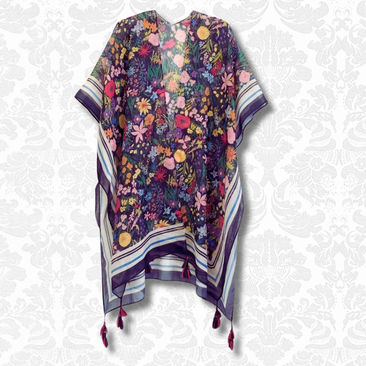 Women’s Black Border Floral Kimono with Tassel – Stylish Casual Layered Cover-Up