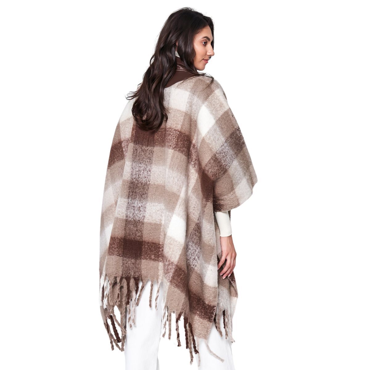Women’s Brown Plaid Long Zip Fringe Poncho Stylish Casual Layered Outerwear