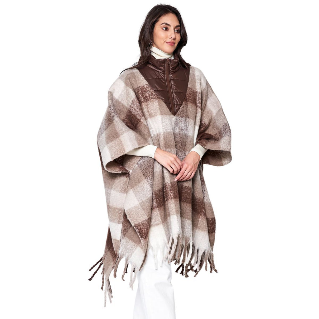 Women’s Brown Plaid Long Zip Fringe Poncho Stylish Casual Layered Outerwear