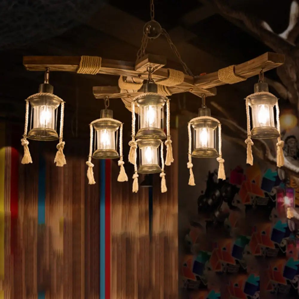 DecorBites™ Lantern Restaurant Island Light - Clear Glass & Wood Hanging Lamp with 6 Lights