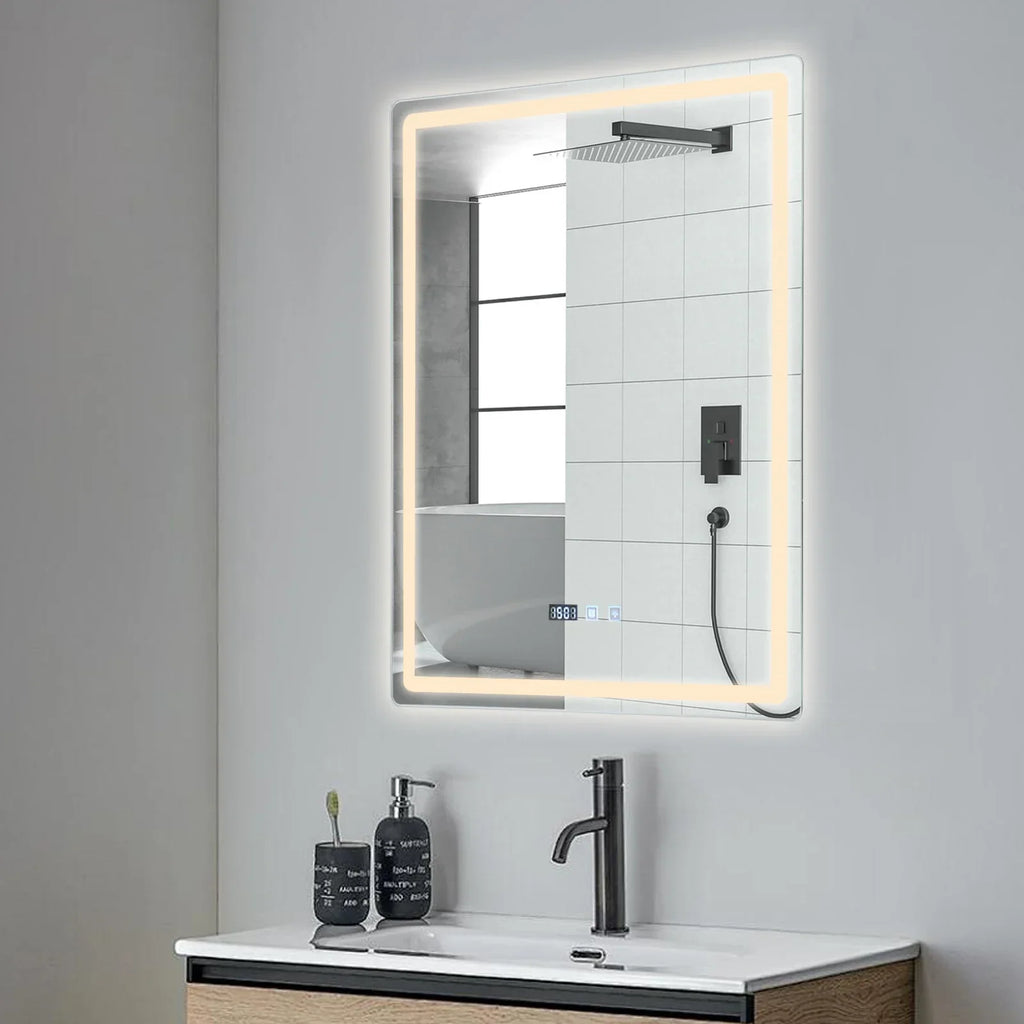 DecorBites™ LED Bathroom Mirror: Adjustable Brightness, Anti-Fog, Time Display