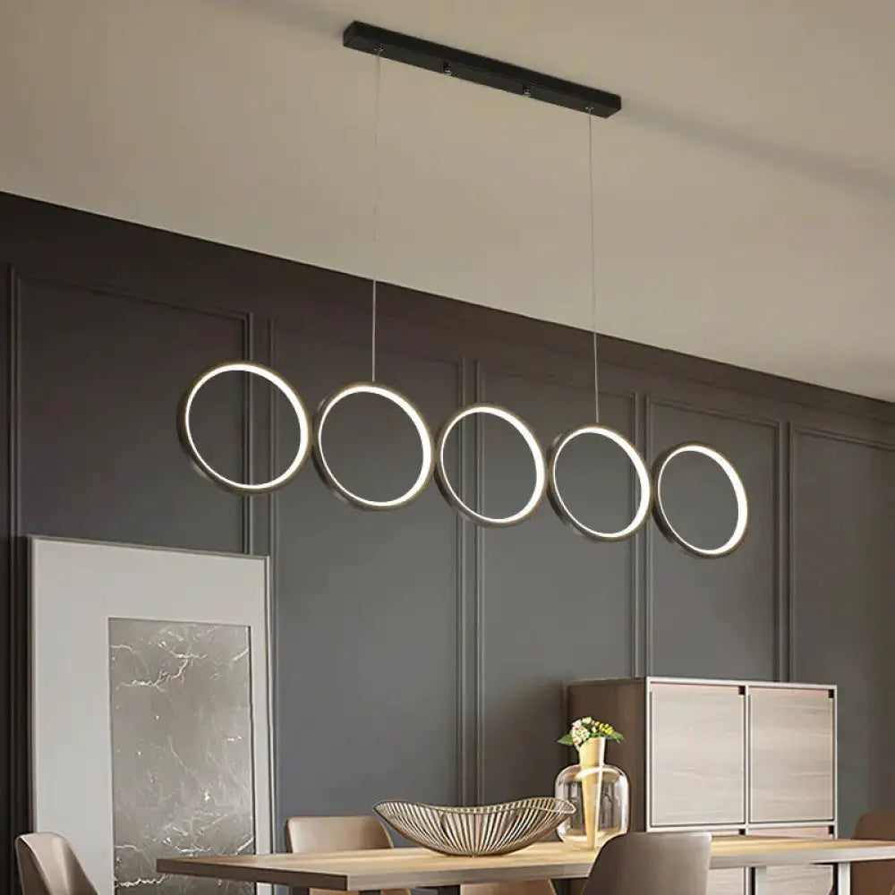 DecorBites™ LED Ceiling  5-Ring Black Hanging Island Light Metal Pendant over Table, Warm/White Light
