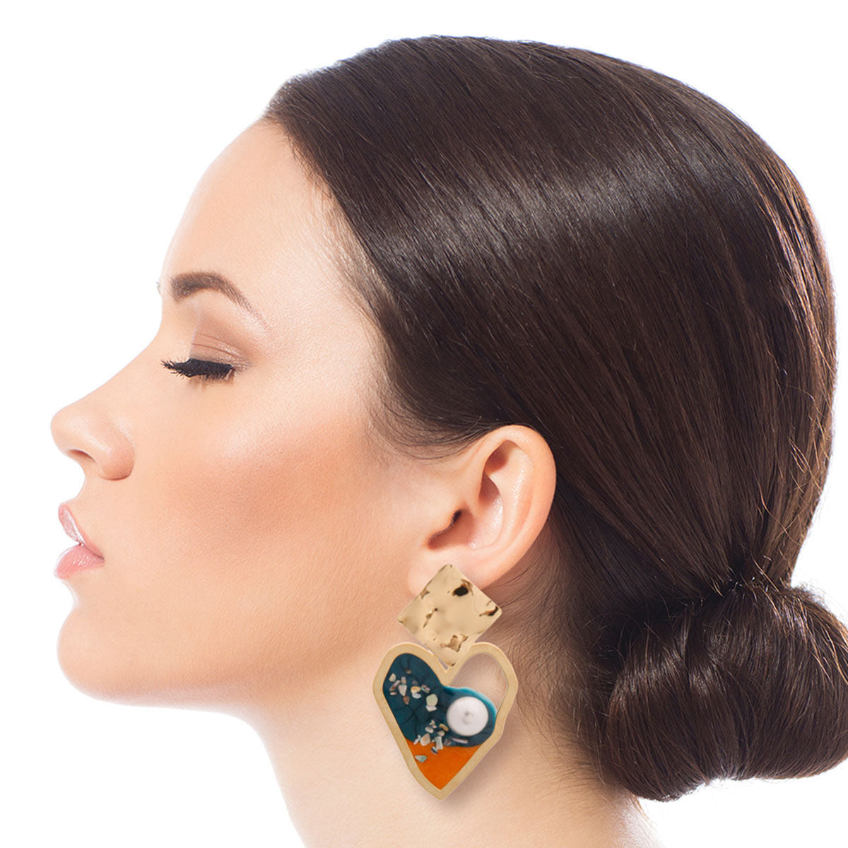 Resin Heart Earrings Gold and Blue Stylish Statement Jewelry