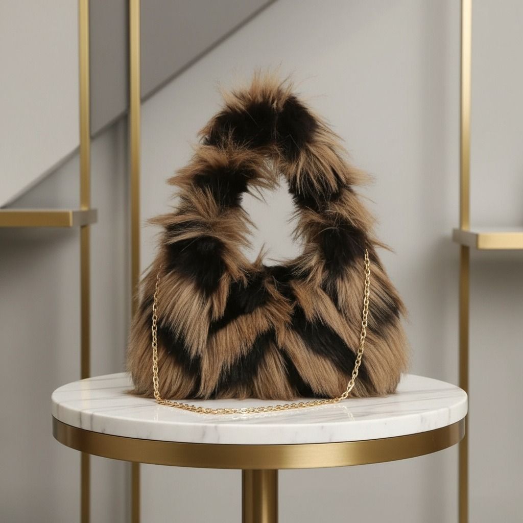 Fashion Handbag Brown and Black Fur Shoulder Bag Chic Street Style