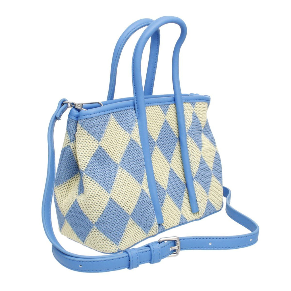 Fashion Handbag Top Handle Blue Harlequin Detail Square Stylish Statement Bag