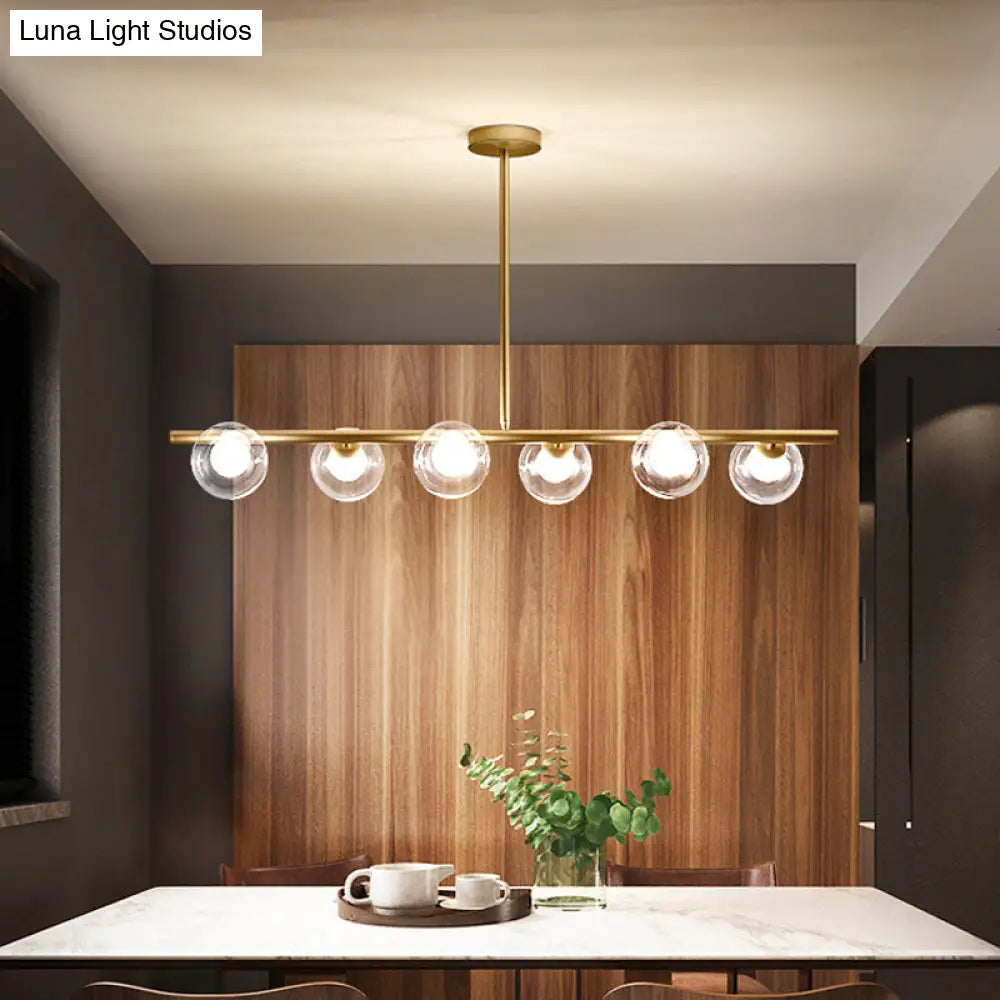 DecorBites™ Linear Island Light Fixture Nordic Metal 6 Heads Gold Hanging Lamp with Globe Clear Glass Shade