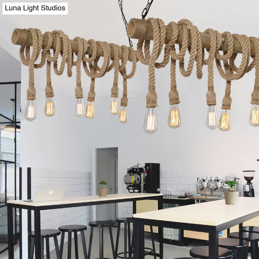 DecorBites™ Lodge Industrial Beige Island Light with Adjustable Rope and Bamboo - 3/4 Lights Open Bulb