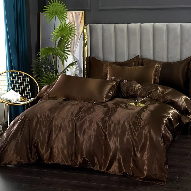 DecorBites™ Luxurious Silk Bedding Set: Duvet Cover, Bed Sheet, Pillowcase