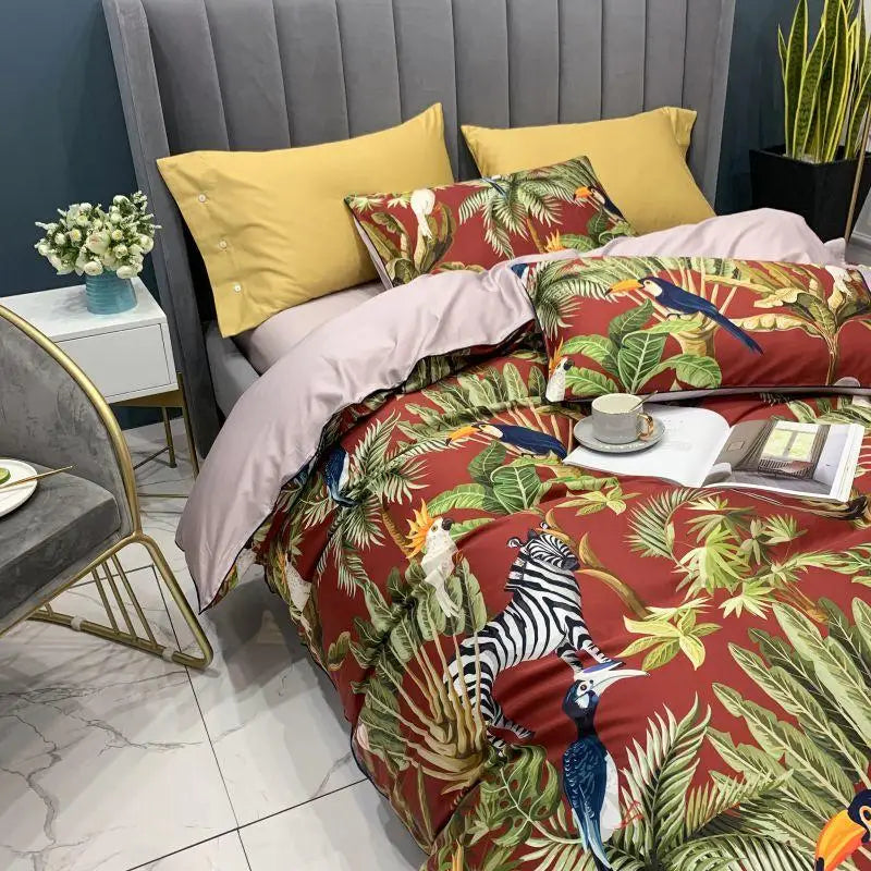 DecorBites™ Luxury Flamingo Leaf Bedding Set Queen King Size