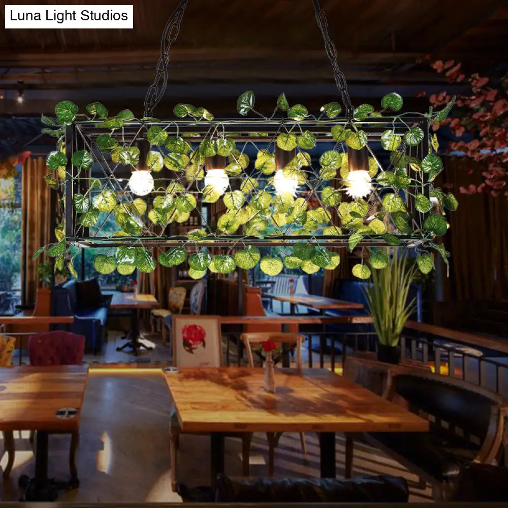 DecorBites™ Metal Island Pendant - Antique Black Rectangle with LED Down Lighting and Plant Decor