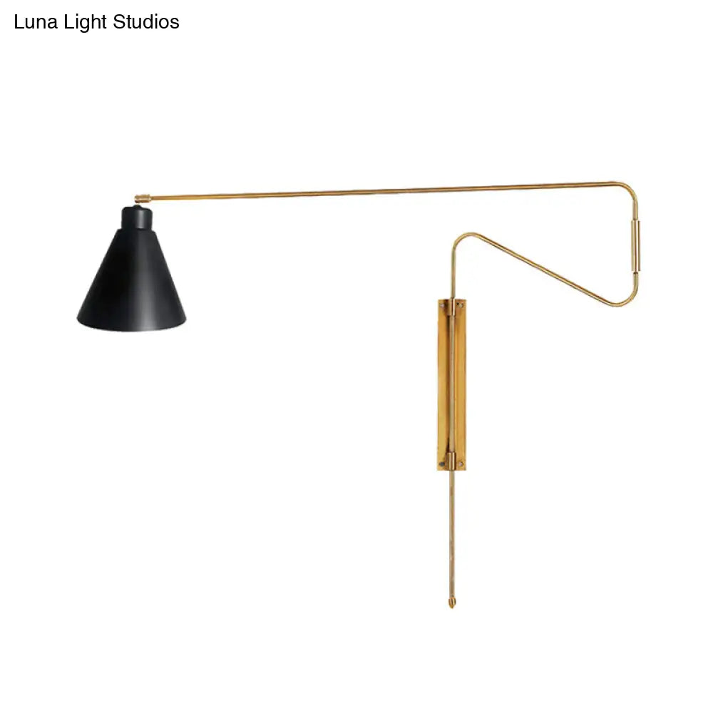 DecorBites™ Metal Wall Lamp with Long Curved Arm & Rotatable Cone Shade - Antique Coffee/Black/Gold Finish - Ideal for Living Room