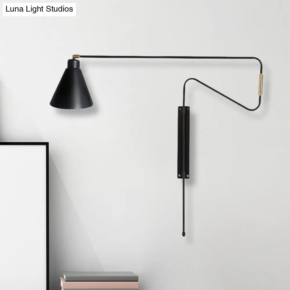 DecorBites™ Metal Wall Lamp with Long Curved Arm & Rotatable Cone Shade - Antique Coffee/Black/Gold Finish - Ideal for Living Room
