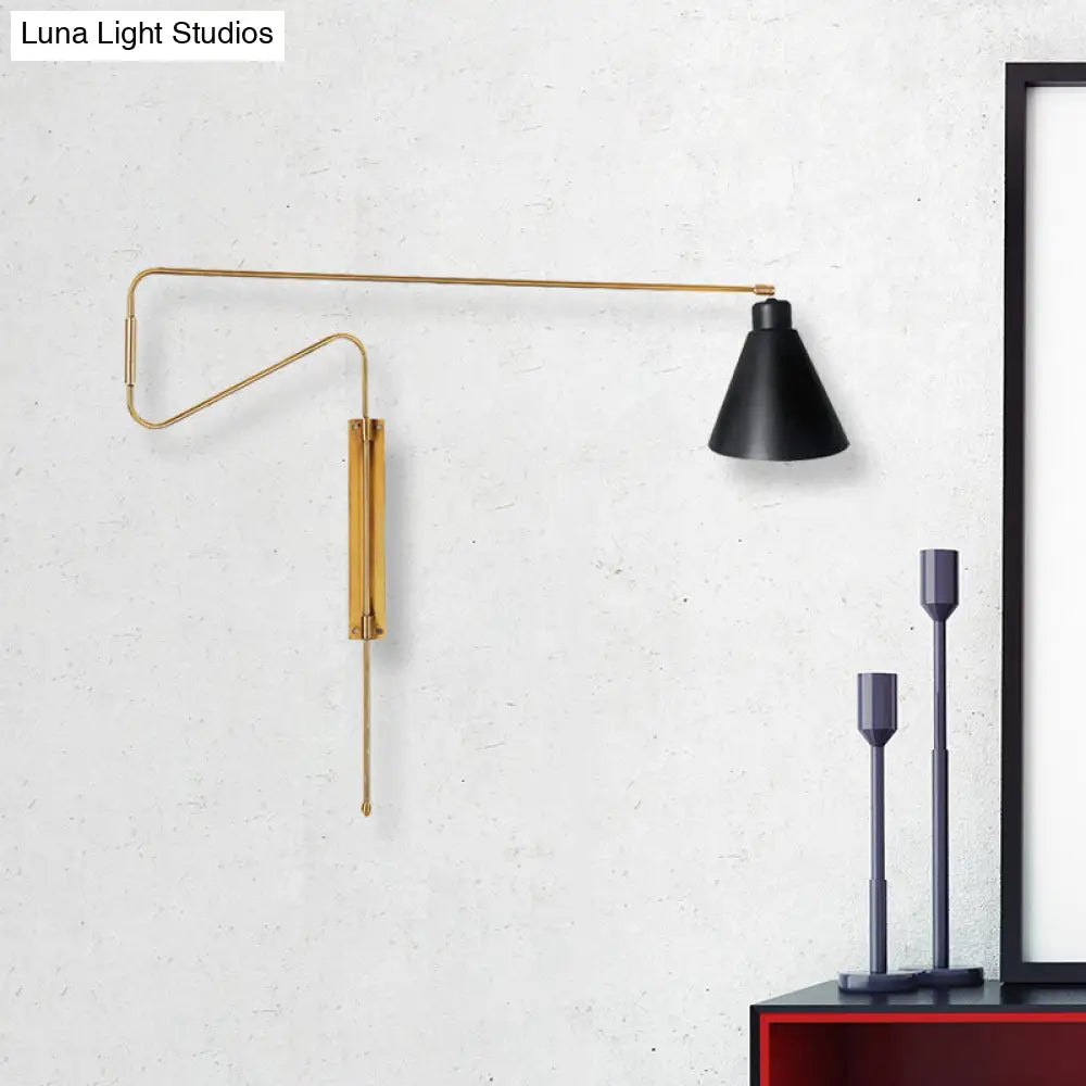 DecorBites™ Metal Wall Lamp with Long Curved Arm & Rotatable Cone Shade - Antique Coffee/Black/Gold Finish - Ideal for Living Room