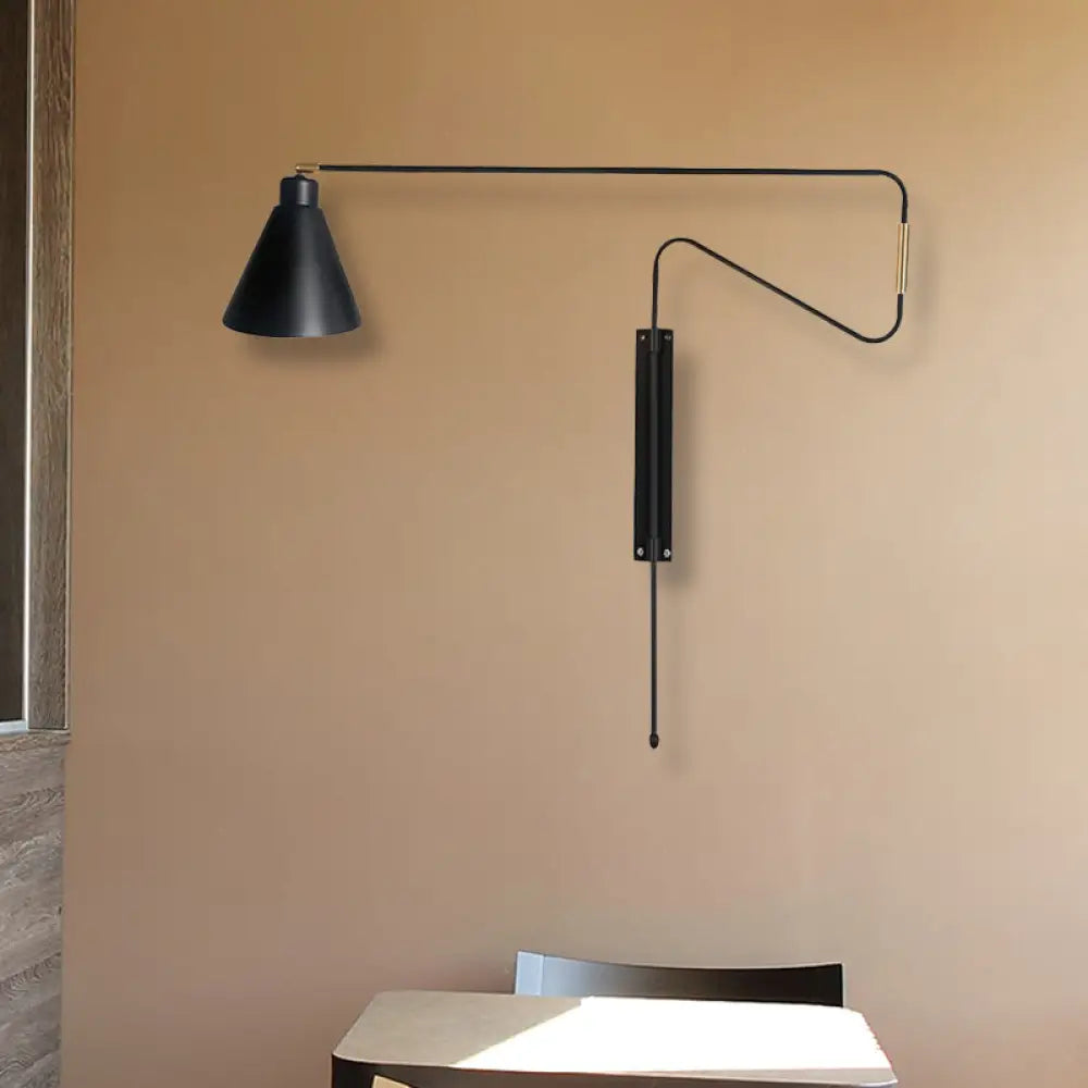 DecorBites™ Metal Wall Lamp with Long Curved Arm & Rotatable Cone Shade - Antique Coffee/Black/Gold Finish - Ideal for Living Room