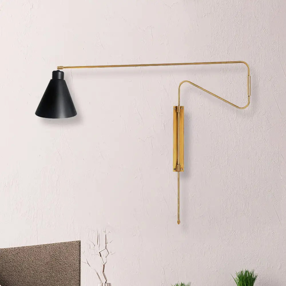DecorBites™ Metal Wall Lamp with Long Curved Arm & Rotatable Cone Shade - Antique Coffee/Black/Gold Finish - Ideal for Living Room