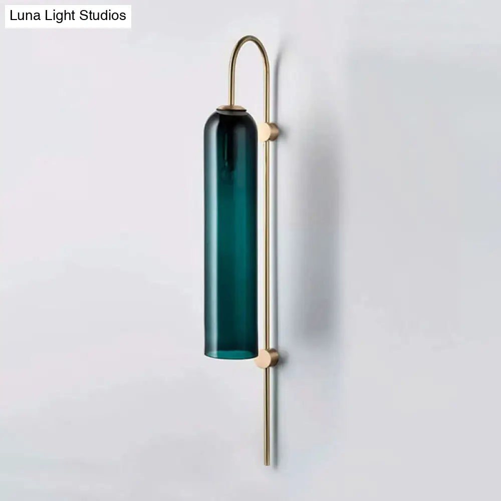 DecorBites™ Mid Century Gooseneck Wall Sconce, Brass Finish with Blue Glass Shade