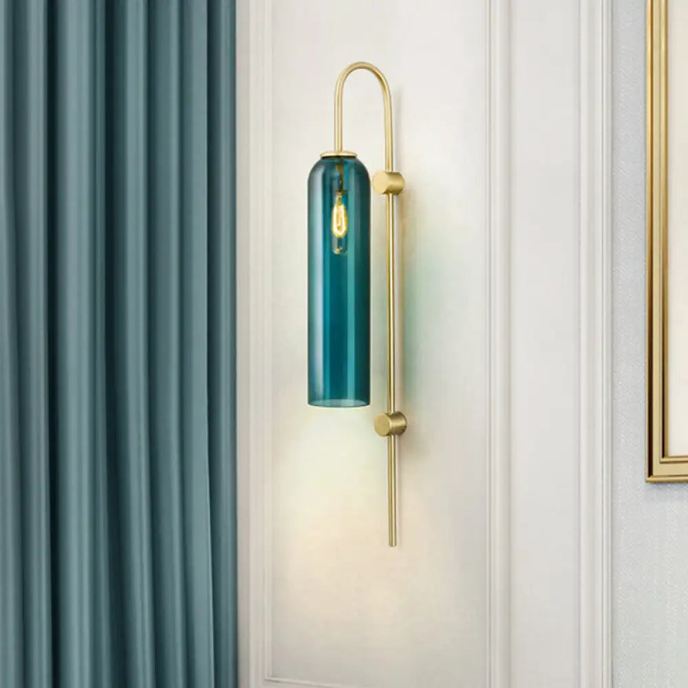 DecorBites™ Mid Century Gooseneck Wall Sconce, Brass Finish with Blue Glass Shade