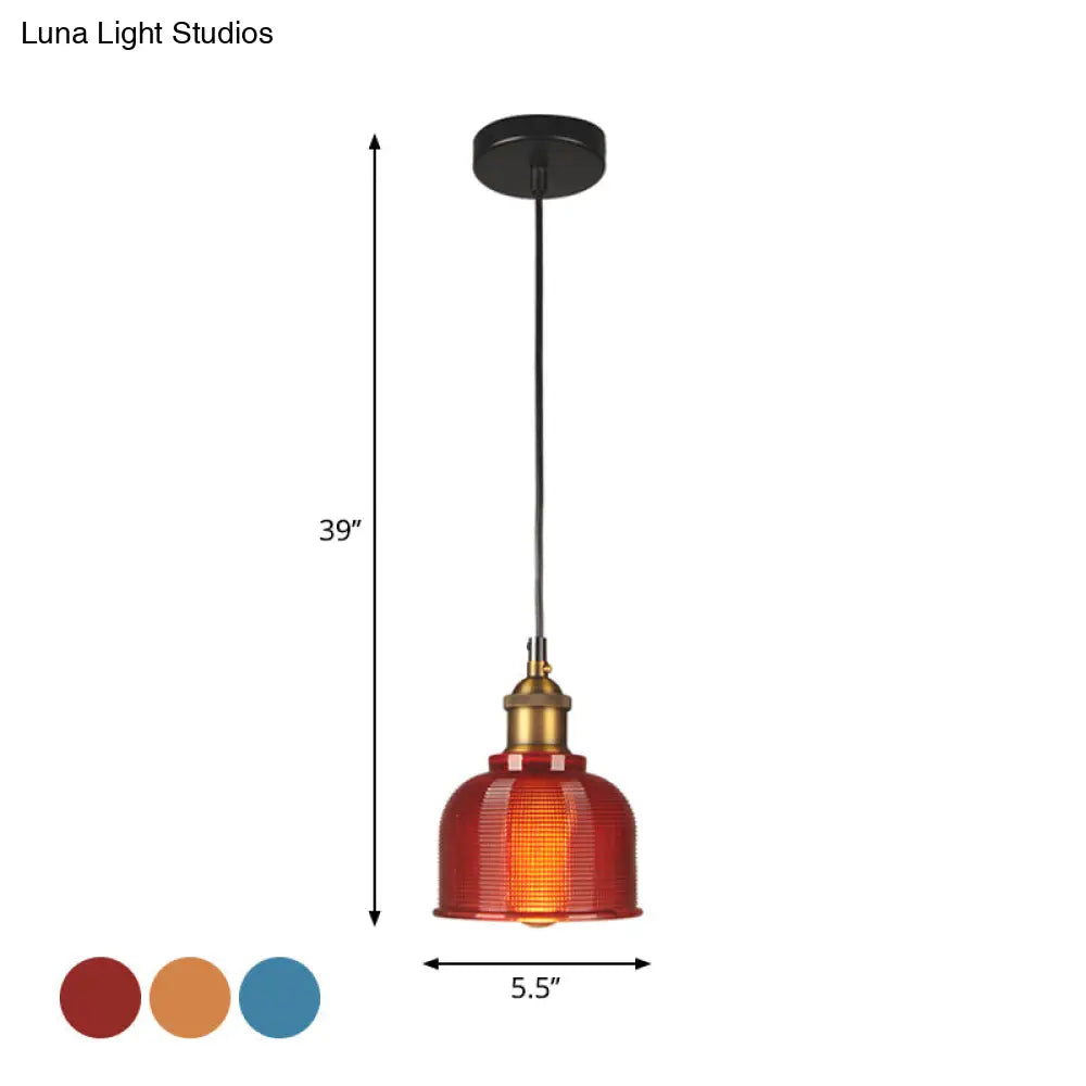 DecorBites™ Mila - Retro Retro Style Carillon Pendant Light 1-Light Red/Orange/Blue Gridded Glass Suspension Lighting for Dining Room