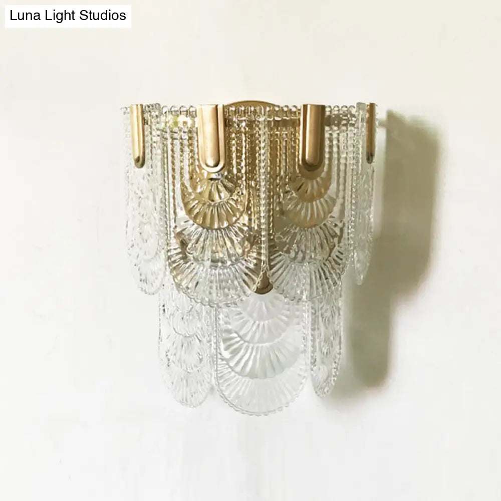 DecorBites™ Minimalist Brass Wall Light: Tiered Scalloped Crystal Fixture with 3 Bulbs