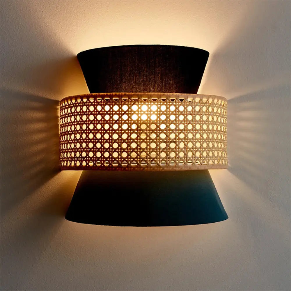 DecorBites™ Minimalist Dual Cone Wall Lamp with Fabric Shade | Black and Blue Sconce Lighting in Rattan Design