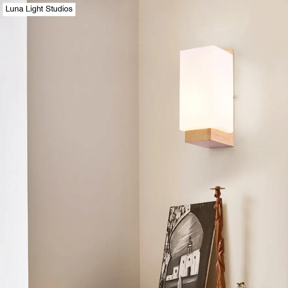 DecorBites™ Minimalist Geometric Stairs Wall Sconce - Cream Glass Single Flush Light in Wood