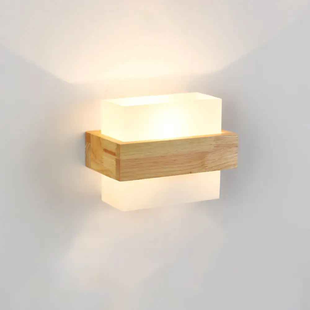 DecorBites™ Minimalist Geometric Stairs Wall Sconce - Cream Glass Single Flush Light in Wood
