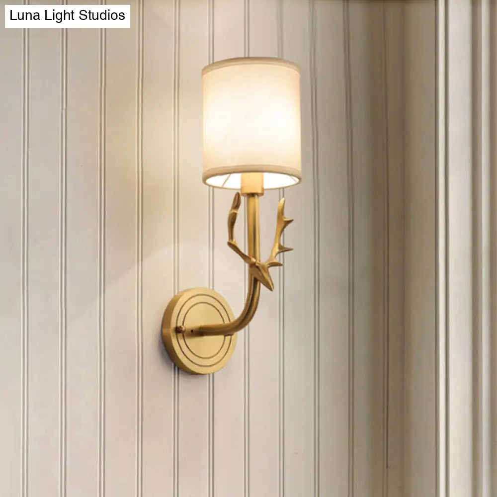 DecorBites™ Modern 1/2 Lights Wall Sconce with Fabric Shade - Black/Gold Cylinder Wall Mount Fixture featuring Metal Antler