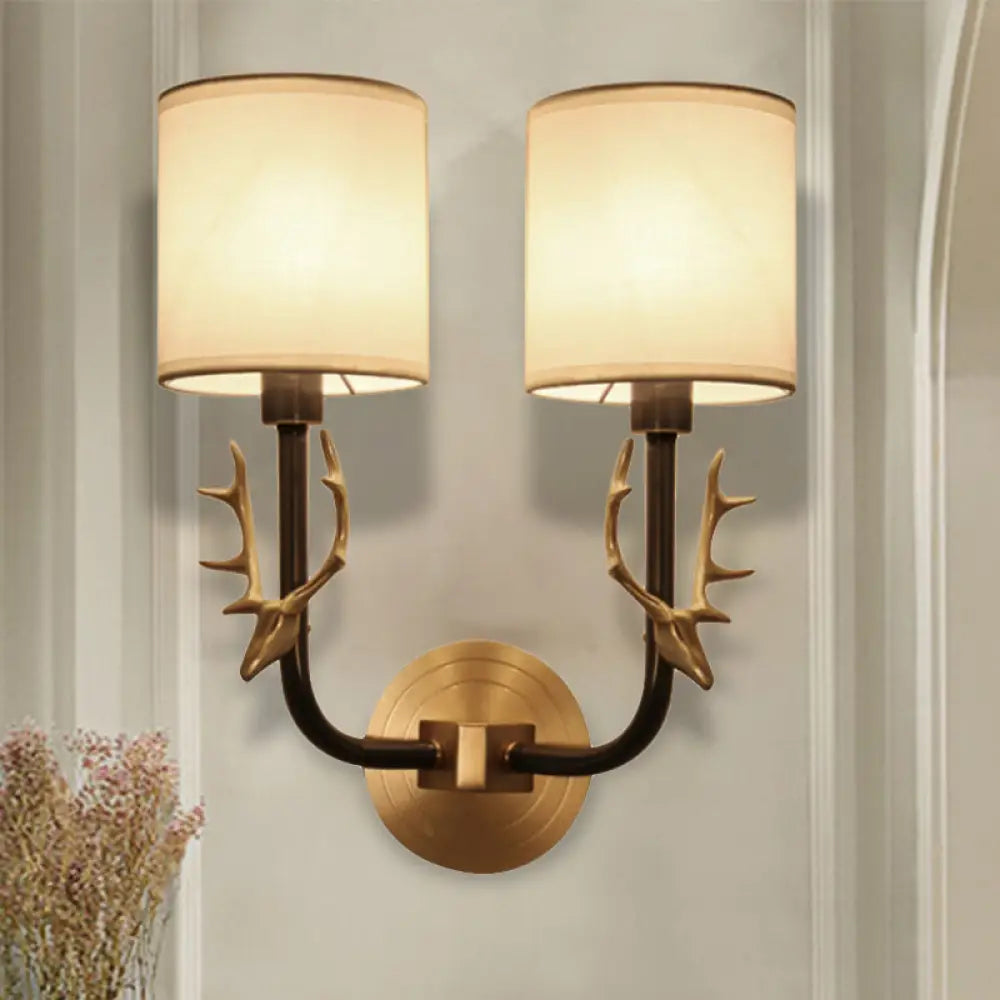 DecorBites™ Modern 1/2 Lights Wall Sconce with Fabric Shade - Black/Gold Cylinder Wall Mount Fixture featuring Metal Antler