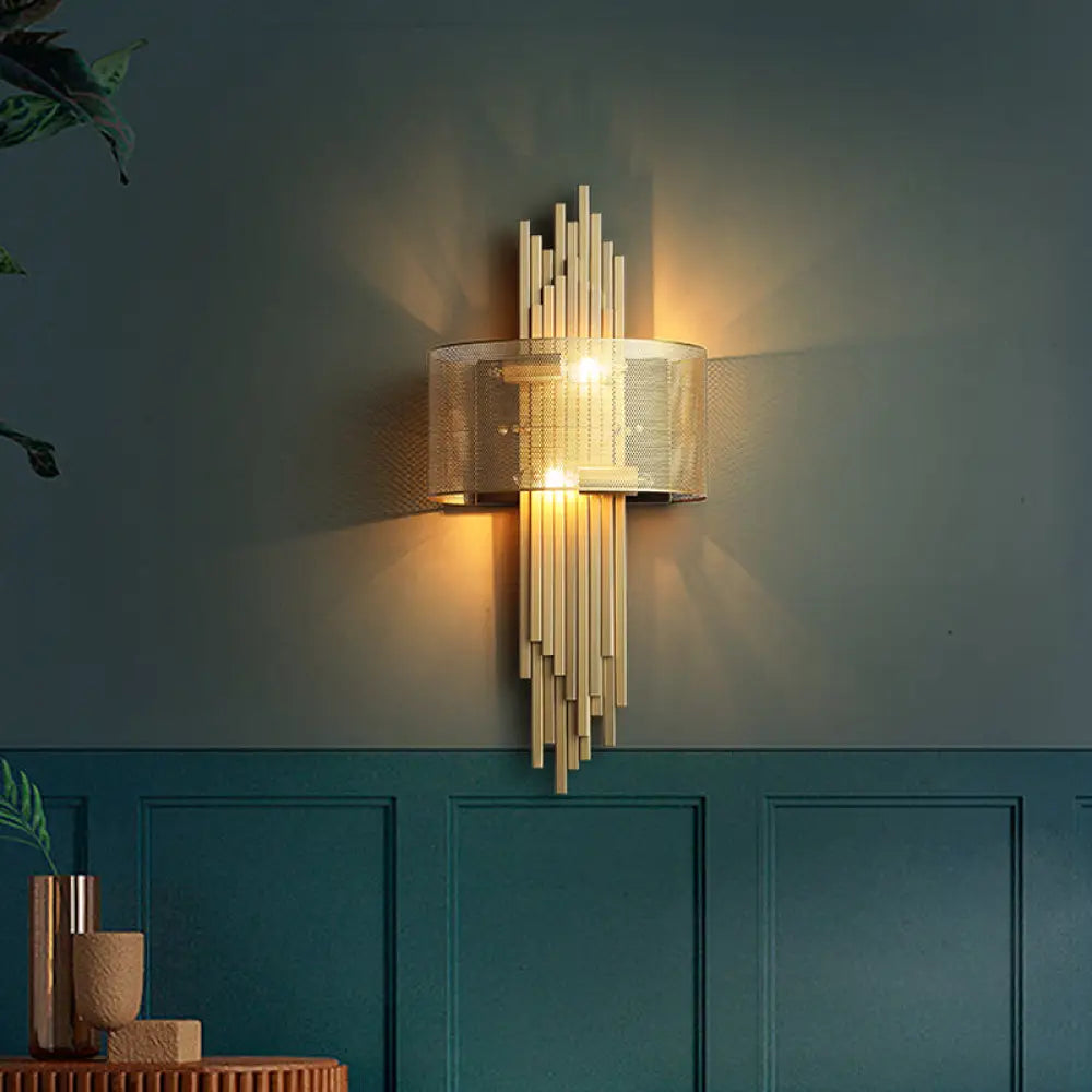 DecorBites™ Modern 2-Head Gold Wall Sconce Lamp with Mesh Drum Shade