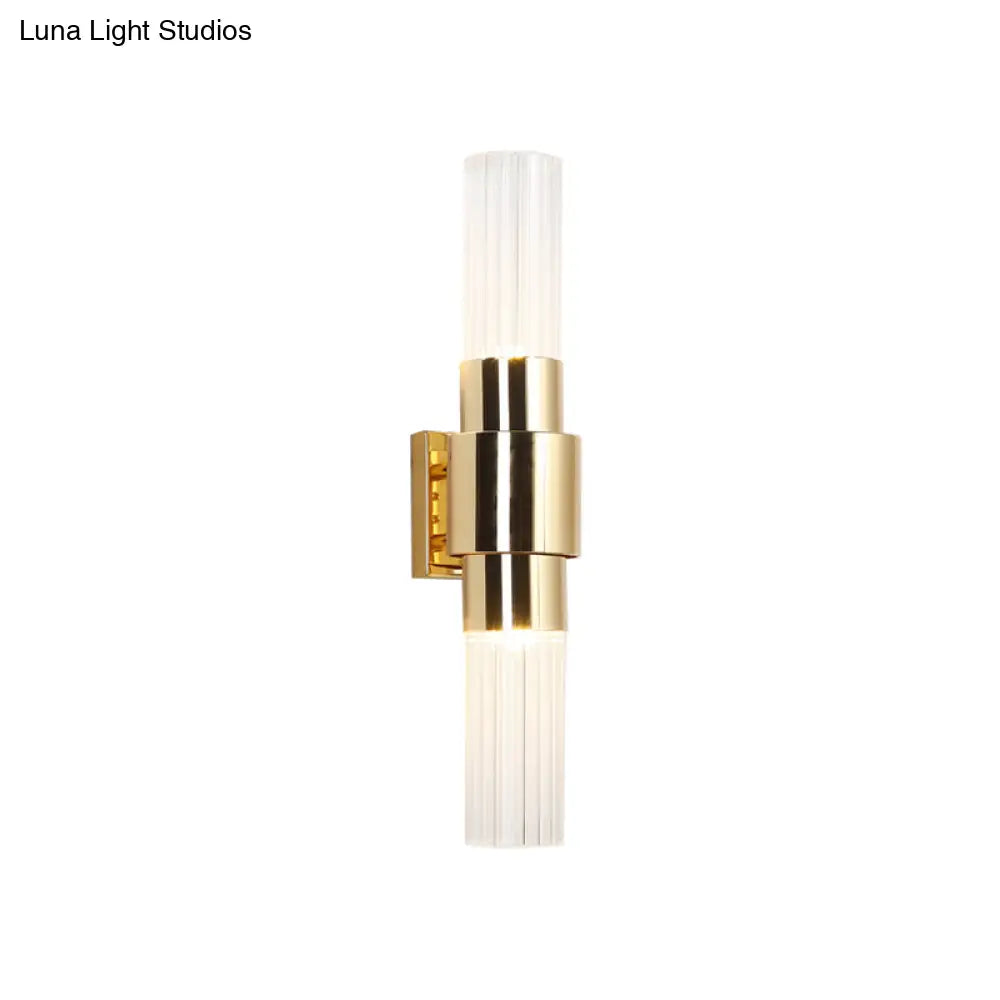 DecorBites™ Modern 2-Headed Gold Wall Sconce with Clear Ribbed Glass for Bathroom