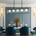 DecorBites™ Modern 5-Head Black Island Light with White Glass and Crystal Shade